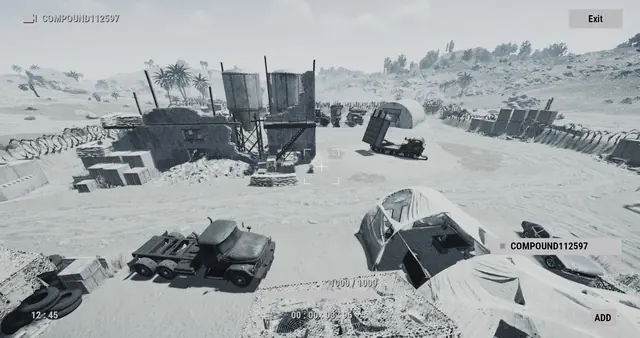 COMPOUNDXXXX camera, Abandoned Military Base: military trucks, tents and water towers inside the camp walls
