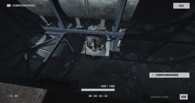COMPOUNDCRUDE camera, Outpost: a pump between two large tanks, under a blue steel frame, seen from above