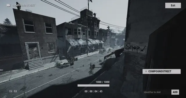 COMPOUNDSTREET camera, Outpost: a street of brick buildings, with Shop painted on a wall
