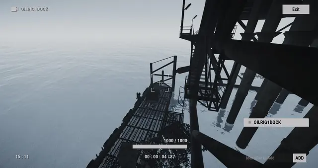 OILRIG1DOCK camera, Small Oil Rig: a grated walkway just above the water, under the legs of the rig