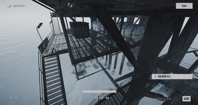 OILRIG1L1 camera, Small Oil Rig: stairways and catwalks under the rig, above the water