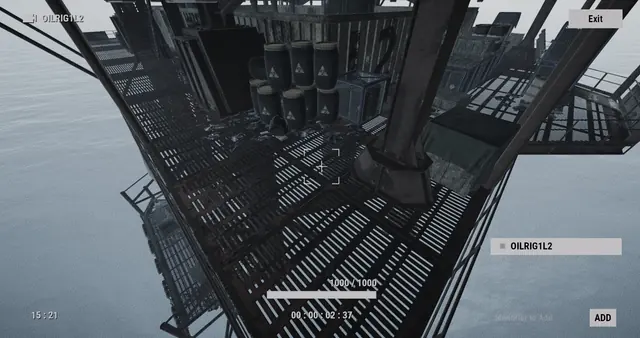 OILRIG1L2 camera, Small Oil Rig: a grated floor with a stack of hazard barrels