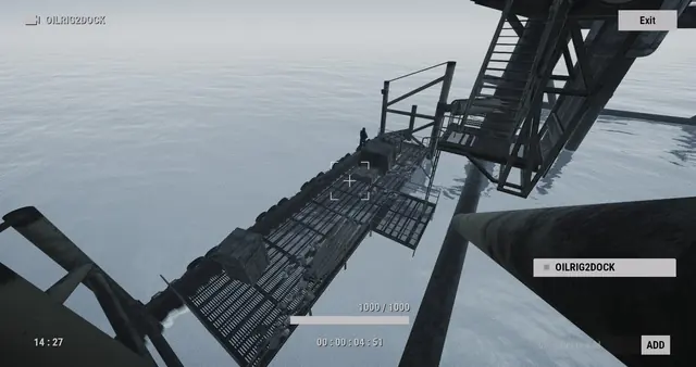 OILRIG2DOCK camera, Large Oil Rig: a grated walkway and a stairway just above the water