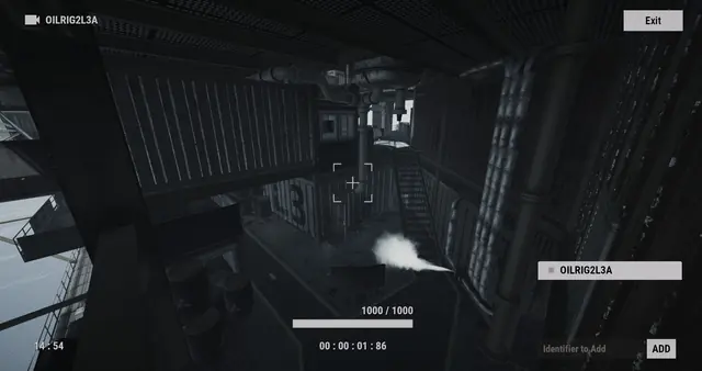 OILRIG2L3A camera, Large Oil Rig: a dim level with a stairway and a jet of steam