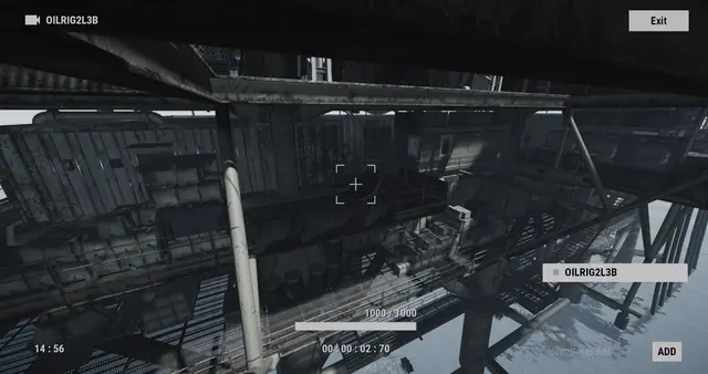 OILRIG2L3B camera, Large Oil Rig: a covered level of container walls and girders, with railings