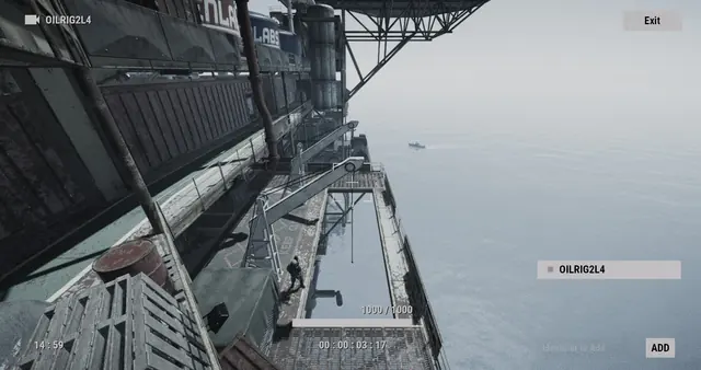 OILRIG2L4 camera, Large Oil Rig: a stairway and a walkway along the outer edge of the rig, above the sea