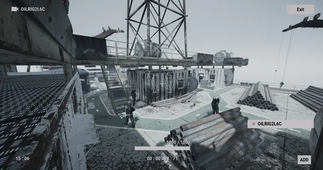 OILRIG2L6C camera, Large Oil Rig: stacks of pipe and a container at the foot of the derrick