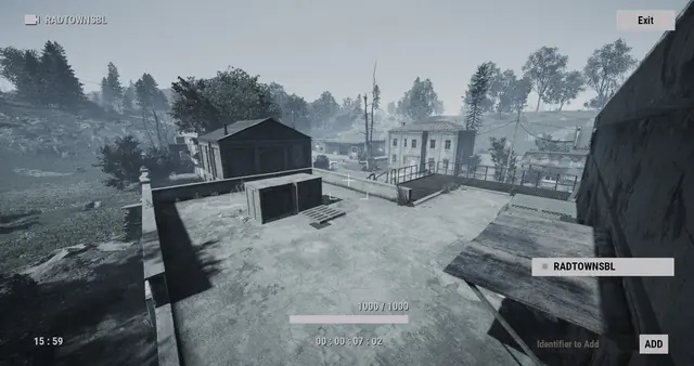 RADTOWNSBL camera, Radtown: a flat rooftop with a crate, looking out over the houses