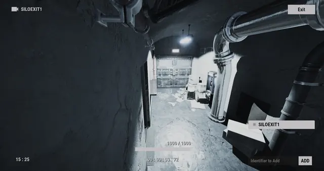 SILOEXIT1 camera, Missile Silo: a tunnel lined with pipes, running to a double door