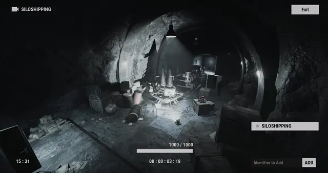 SILOSHIPPING camera, Missile Silo: a rock tunnel lit by a hanging lamp, with crates and barrels