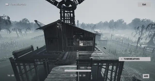 TOWNWEAPONS camera, Bandit Camp: a wooden hut on a raised platform, under a windmill